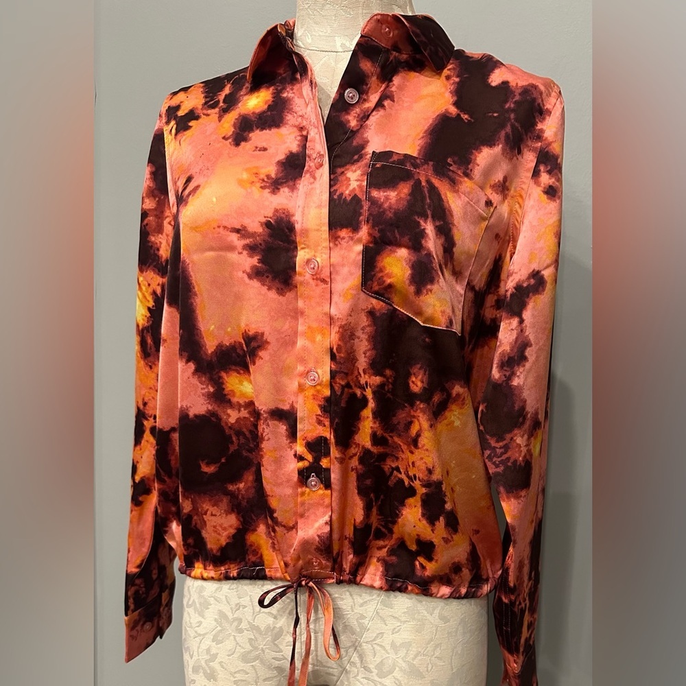 ⭐️REBECCA MINKOFF Blouse Top Womens Petite Button Up Long Sleeve Satin Size SP - Picture 3 of 7